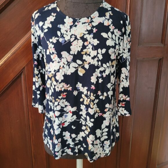 J.Jill Womens Floral Print 3/4 Sleeve Top Navy Small Rayon/Spandex - Picture 1 of 6